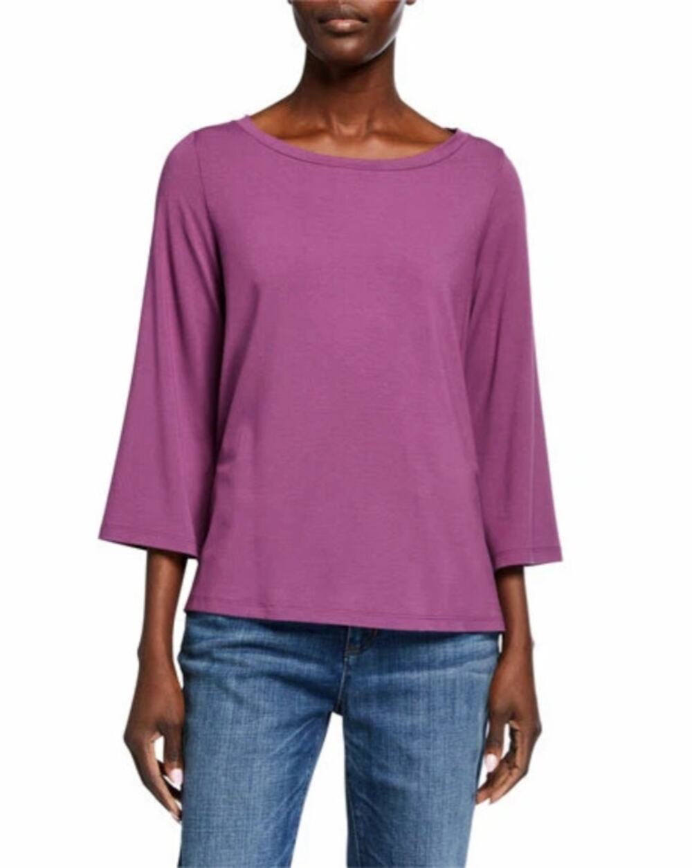Eileen Fisher Women's S Purple Silk Scoop Neck 3/4 Sleeve Top Minimalist B28-1